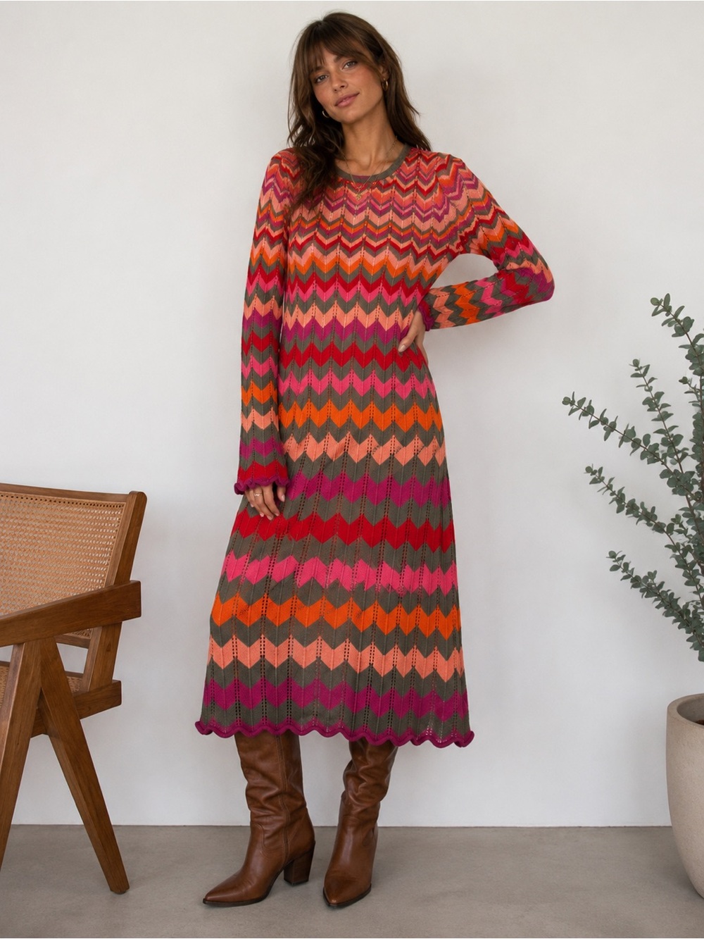 Hanna Andersson Multicolor Chevron Knit Long Sleeve Midi Dress XS Boho Retro